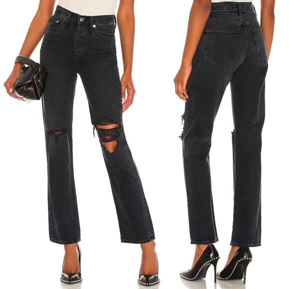 AGOLDE Lana Straight Leg Jeans Size 24 Black Distressed Disorder